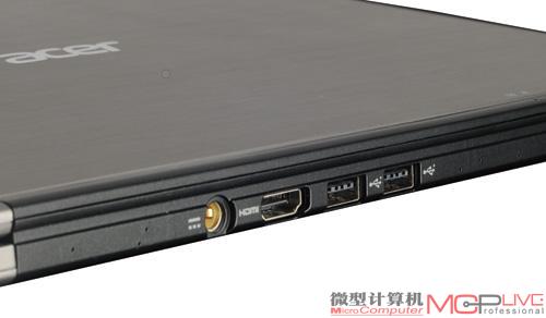 宏碁Aspire S3的背部集中了它的几种主要接口